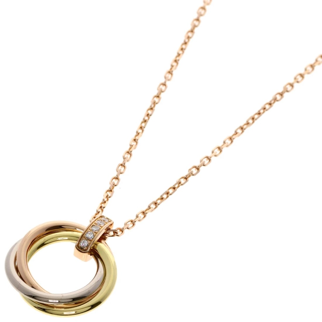 CARTIER TRINITY 5P DIAMOND NECKLACE K18: CARTIER Trinity 5P Diamond Necklace K18 Brand: CARTIER Type: Necklace Material: K18 Yellow Gold Main Stone/Creation Natural Color: Yellow Gold Size: Chain Length:16.3inch/41.5cm Chain Width:0.6inc