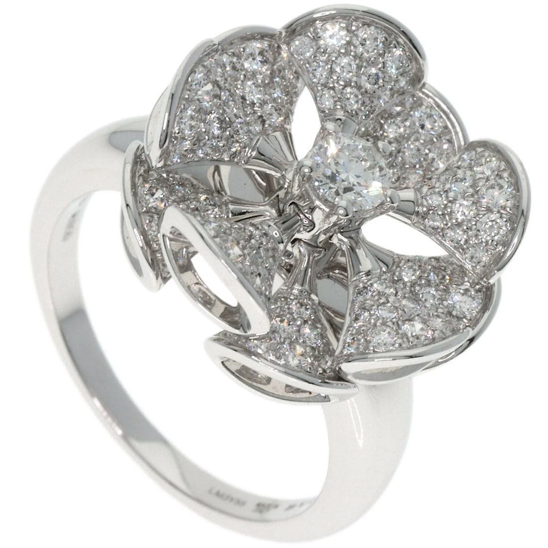 BVLGARI DIVA DREAM FLOWER DIAMOND RING: BVLGARI Diva Dream Flower Diamond Ring Brand: BVLGARI Type: Ring Material: K18 White Gold Main Stone/Creation Natural Color: White Gold Size: 7.25(US) Accessories: None Accessories Notice: