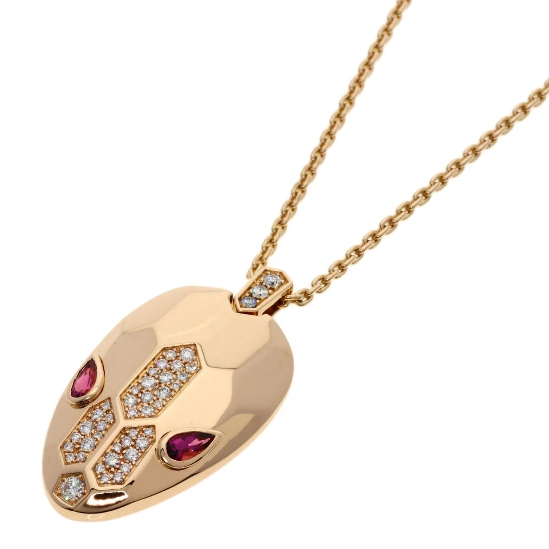 BVLGARI SERPENTIL BELLITE DIAMOND NECKLACE: BVLGARI Serpentil Bellite Diamond Necklace Brand: BVLGARI Type: Necklace Material: K18 Pink Gold Main Stone/Creation Ruberite Color: Pink Gold Size: Chain Length:16.9inch/43cm Chain Width:0.7inch/
