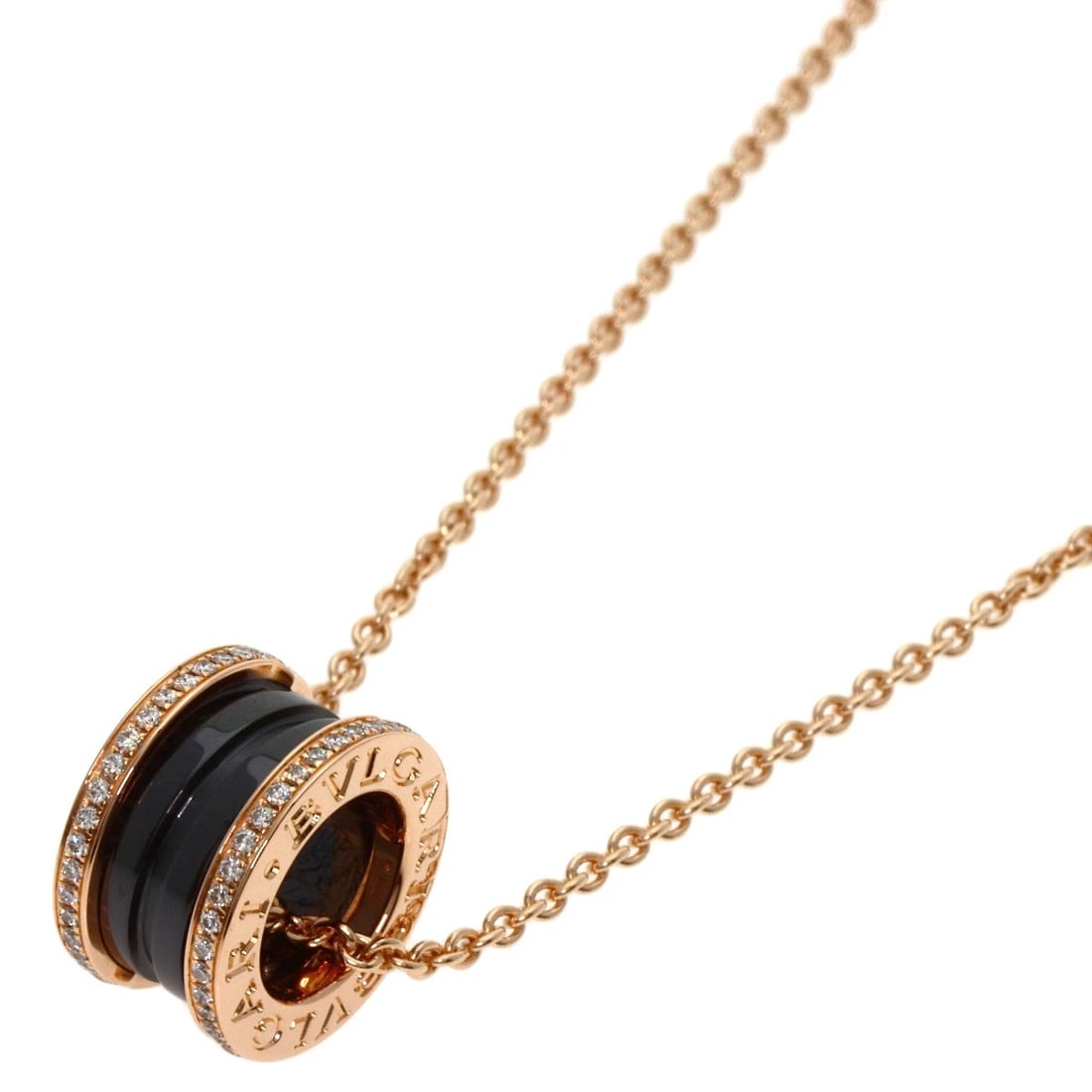 BVLGARI B.ZERO1 BLACK CERAMIC DIAMOND NECKLACE: BVLGARI B.zero1 Black Ceramic Diamond Necklace Brand: BVLGARI Type: Necklace Material: K18 Pink Gold Main Stone/Creation Natural Color: Pink Gold Size: Chain Length:16.9inch/43cm Chain Width:0.7in