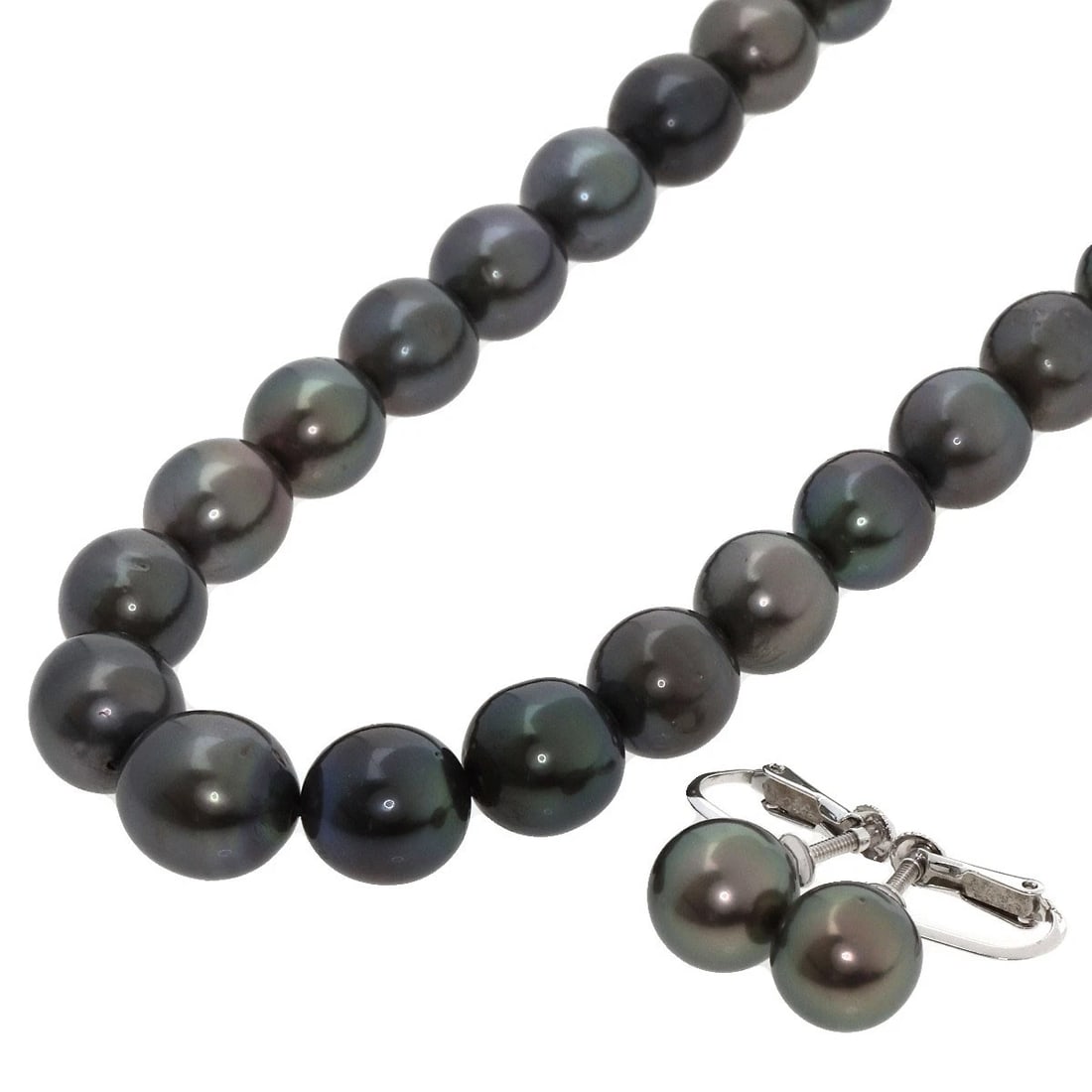 TASAKI BLACK PEARL EARRING 2-PIECE SET NECKLACE: TASAKI Black Pearl Earring 2-piece set Necklace Brand: TASAKI Type: Necklace Material: K14 White Gold Main Stone/Creation Pearl Color: White Gold Size: Stone Size:0.3inch/8-11mm Chain Length:16.9i