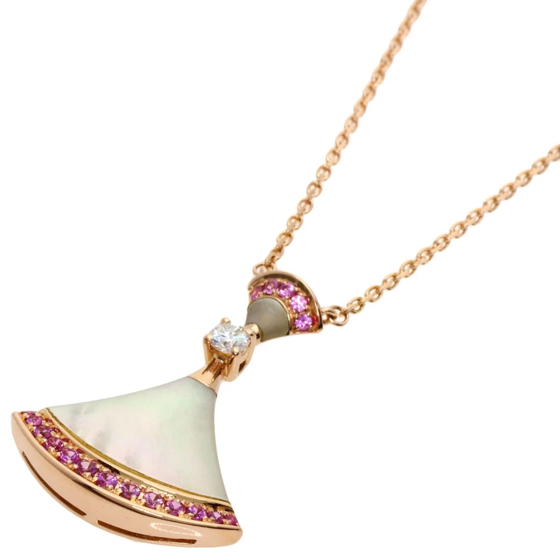 BVLGARI DIVA DREAM SHELL PINK SAPPHIRE 1P DIAMOND NECKLACE: BVLGARI Diva Dream Shell Pink Sapphire 1P Diamond Necklace Brand: BVLGARI Type: Necklace Material: K18 Pink Gold Main Stone/Creation sapphire Color: Pink Gold Size: Chain Length:16.9inch/43cm Chai