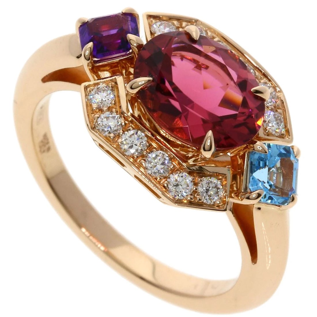 BVLGARI ALLEGRA PINK TOURMALINE AMETHYST AQUAMARINE DIAMOND RING: BVLGARI Allegra Pink Tourmaline Amethyst Aquamarine Diamond Ring Brand: BVLGARI Type: Ring Material: K18 Pink Gold Main Stone/Creation Tourmaline Color: Pink Gold Size: 5.5(US) Accessories: None