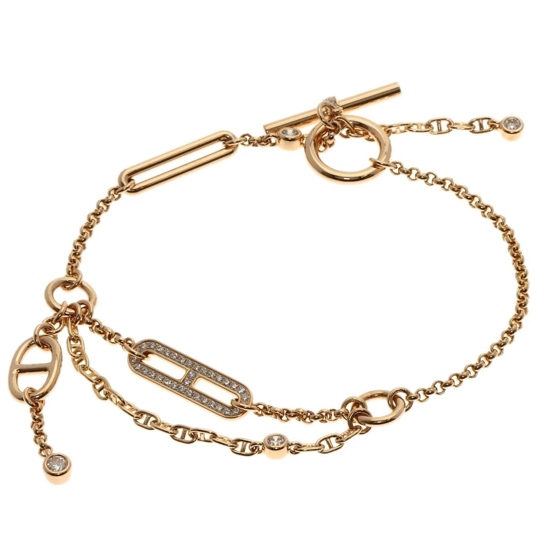 HERMES SHANE DUNKLE CHAOS DIAMOND BRACELET: HERMES Shane Dunkle Chaos Diamond Bracelet Brand: HERMES Type: Bracelet Material: K18 Pink Gold Main Stone/Creation Natural Color: Pink Gold Size: Chain Width:0.6inch/1.6mm Inner Circumference:6.5
