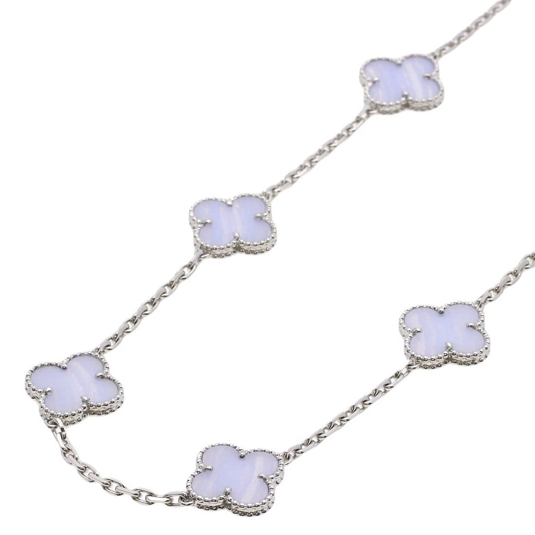 VAN CLEEF & ARPELS VINTAGE ALHAMBRA 10P CHALCEDONY NECKLACE: Van Cleef & Arpels Vintage Alhambra 10P Chalcedony Necklace Brand: Van Cleef & Arpels Type: Necklace Material: K18 White Gold Main Stone/Creation Chalcedony Color: White Gold Size: Chain Length:16