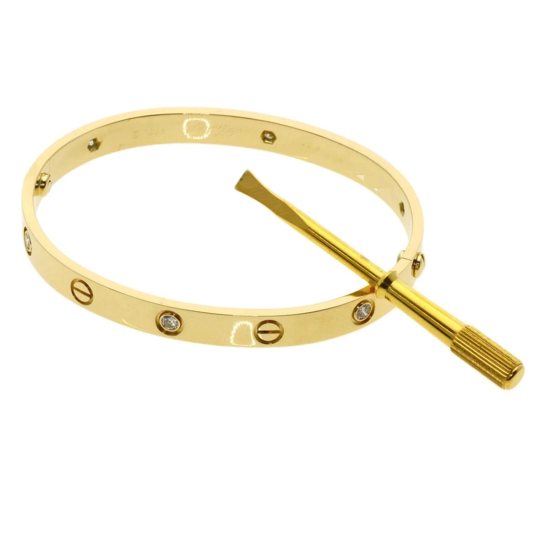 CARTIER LOVE BRACELETS HALF DIAMOND WITH DRIVER BRACELET: CARTIER LOVE Bracelets Half Diamond with Driver Bracelet Brand: CARTIER Type: Bracelet Material: K18 Yellow Gold Main Stone/Creation Natural Color: Yellow Gold Size: Inner Circumference:7.1inch/18
