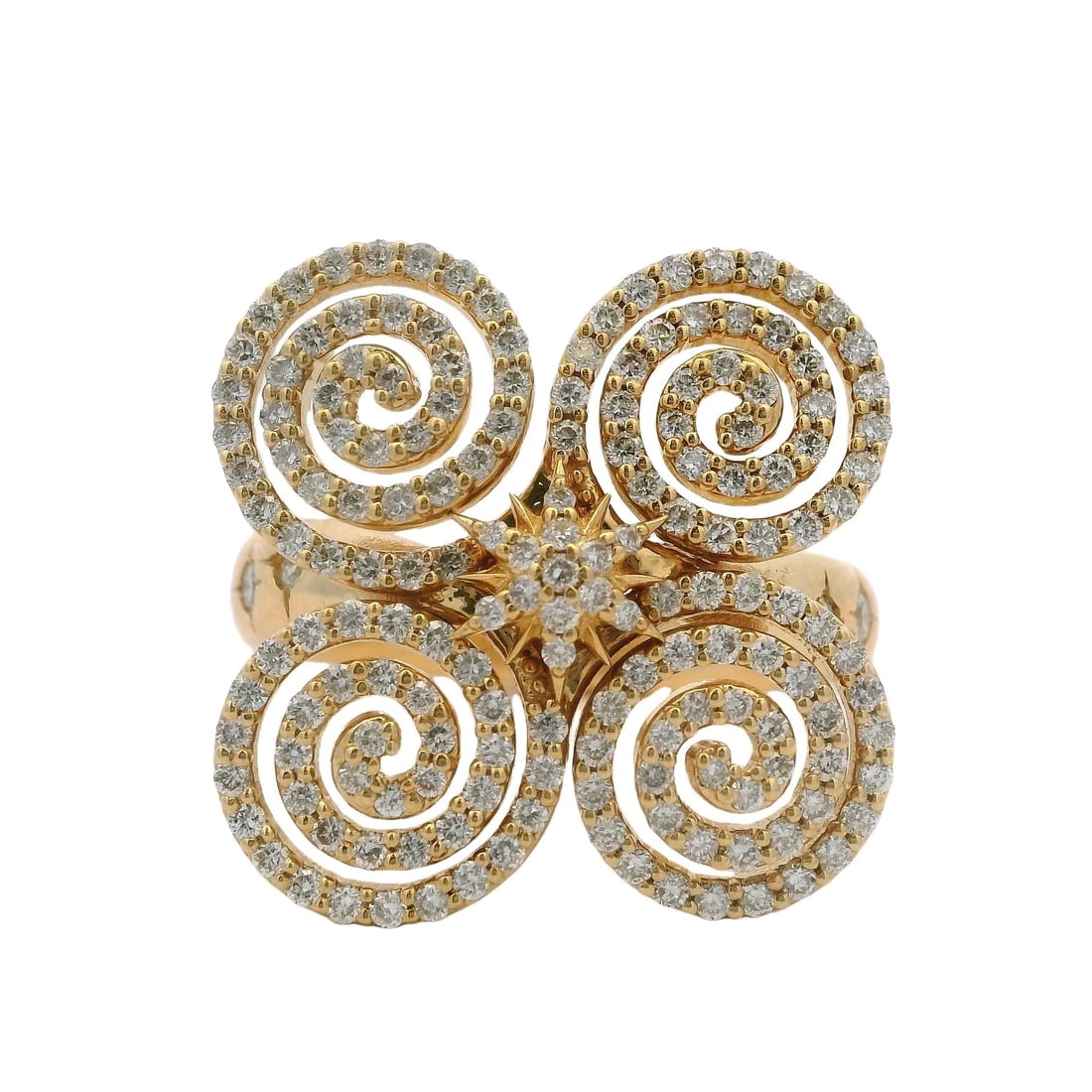 AMINA SOREL CELESTIAL SPIRAL STATEMENT DIAMOND RING: Amina Sorel Celestial Spiral Statement Diamond Ring Brand: Amina Sorel Type: Ring Material: 18k Yellow Gold Main Stone/Creation Natural Color: Yellow Size: 7 US Accessories: None Accessori