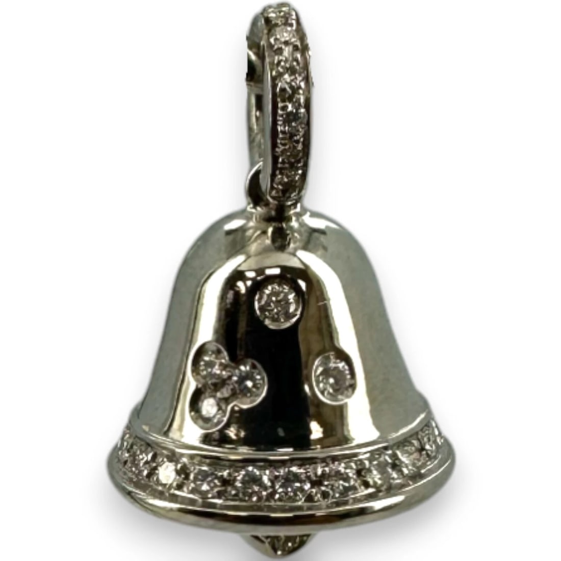 AARON BASHA RETIRED RARE 18KT WHITE GOLD DIAMOND BELL PENDANT: Aaron Basha Retired Rare 18kt White Gold Diamond Bell Pendant Brand: Aaron Basha Type: Pendant Material: 18k White Gold Main Stone/Creation Natural Color: White Size: Length x Width of Pendant - 0