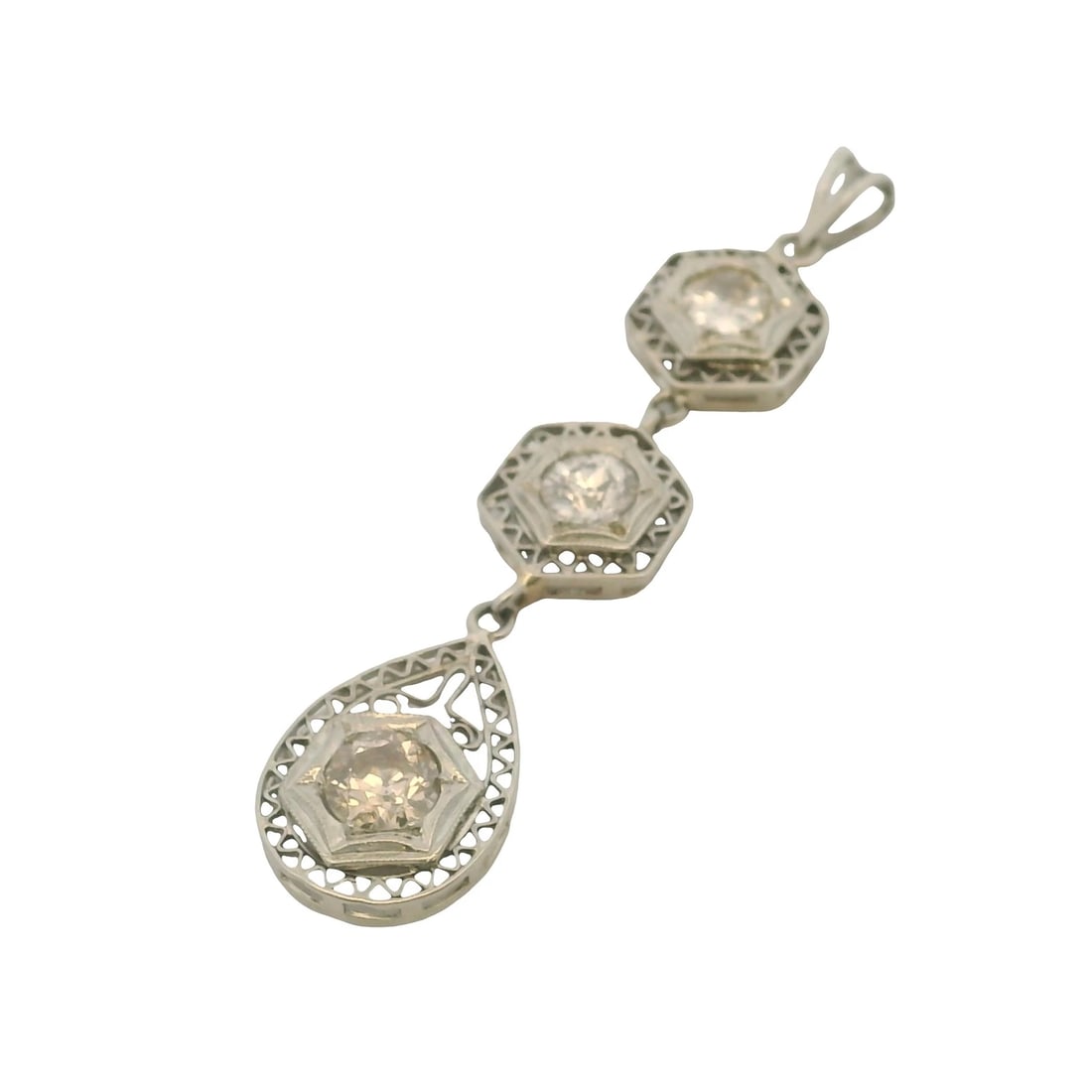 ANTIQUE 14KT WHITE GOLD FILIGREE OLD EURO DIAMOND DROP DECO PENDANT: Antique 14kt White Gold Filigree Old Euro Diamond Drop Deco Pendant Brand: Unbranded Type: Pendant Material: 14k White Gold Main Stone/Creation Natural Color: White Size: Length x Width of Pendant