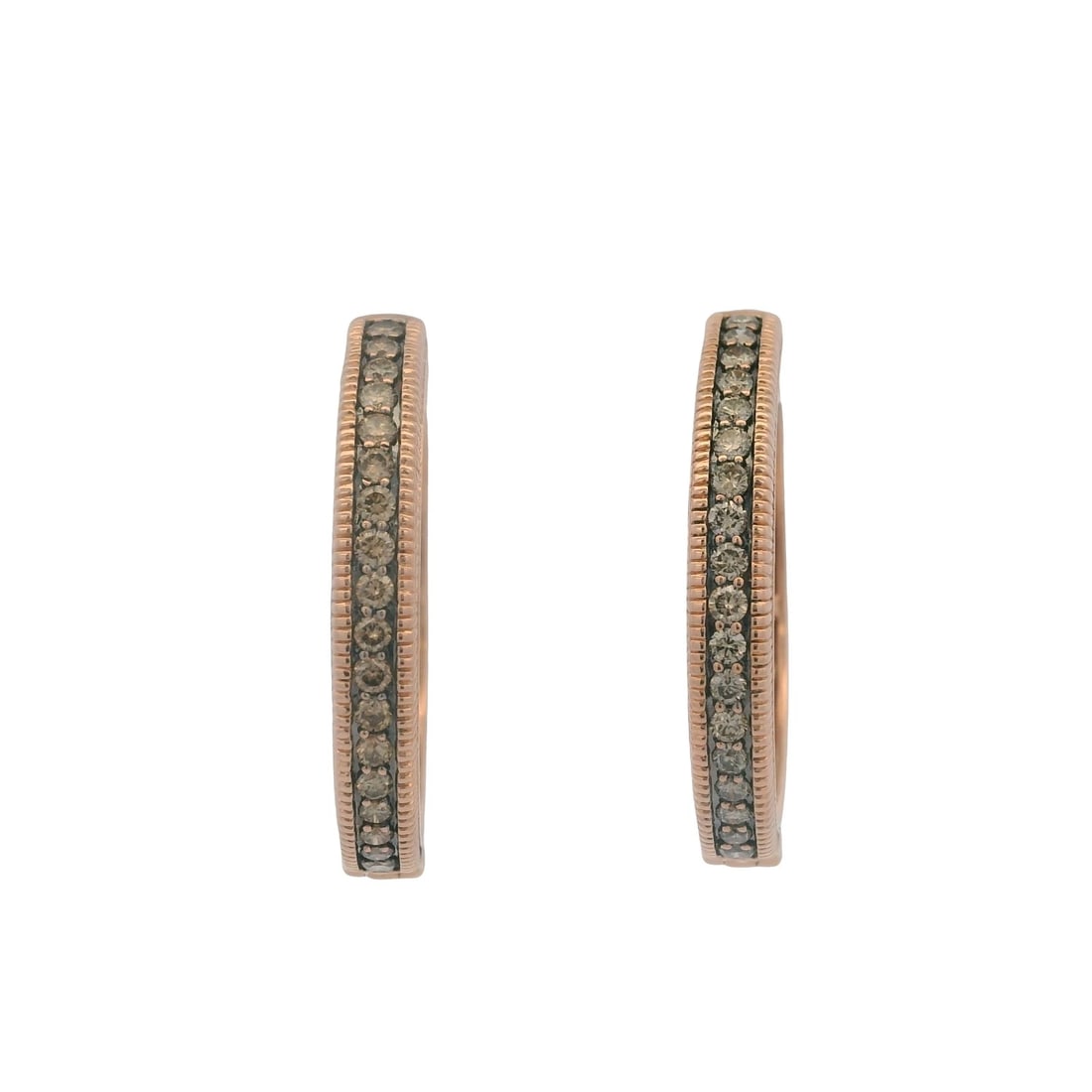 LEVIAN 14KT ROSE GOLD AND BROWN DIAMONDS HOOP EARRINGS: LeVian 14kt Rose Gold and Brown Diamonds Hoop Earrings Brand: LeVian Type: Earrings Material: 14k Rose Gold Main Stone/Creation Natural Color: Rose Size: Length x Width - 1.00"x 0.20" 