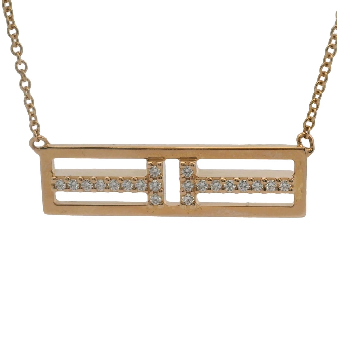 TIFFANY & CO TWO HORIZONTAL BAR DIAMOND NECKLACE: Tiffany & Co Two Horizontal Bar Diamond Necklace Brand: Tiffany & Co Type: Necklace Material: 18k Rose Gold Main Stone/Creation Natural Color: Rose Size: Length of Chain - 18" Width of Chain - 0.6
