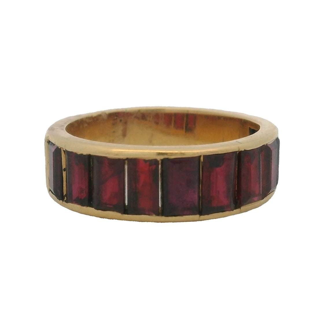 EMERALD ALMANDINE GARNET HALF-ETERNITY WIDE BAND RING: Emerald Almandine Garnet Half-Eternity Wide Band Ring Brand: Unbranded Type: Ring Material: 18k Yellow Gold Main Stone/Creation Natural Color: Red Size: 6 US Accessories: None Accessories