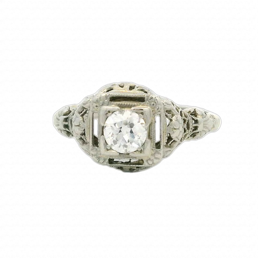 ANTIQUE DIAMOND SOLITAIRE FILIGREE RING: Antique Diamond Solitaire Filigree Ring Brand: Unbranded Type: Ring Material: 18k White Gold Main Stone/Creation Natural Color: White Size: 7 US Accessories: None Accessories Notice: When