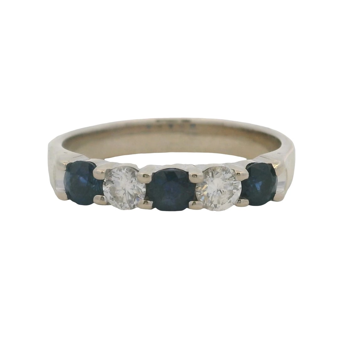 KUBER ALTERNATING DIAMOND SAPPHIRE WEDDING BAND RING: Kuber Alternating Diamond Sapphire Wedding Band Ring Brand: Kuber Type: Ring Material: 14k White Gold Main Stone/Creation Natural Color: White Size: 9.5 US Accessories: None Accessories