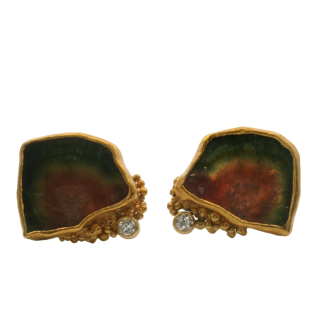 HANDMADE BEZEL WATERMELON TOURMALINE 18KT YELLOW GOLD EARRINGS: Handmade Bezel Watermelon Tourmaline 18kt Yellow Gold Earrings Brand: Unbranded Type: Earrings Material: 18K Yellow Gold Main Stone/Creation Tourmaline Color: Yellow Size: Length x Width -