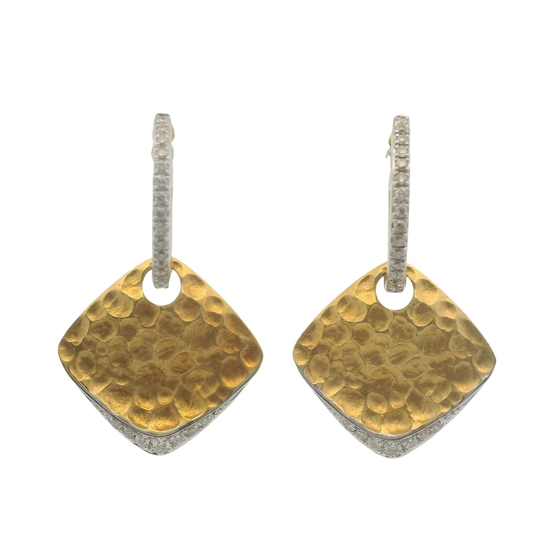SOLID 14KT WHITE YELLOW GOLD HAMMERED DIAMOND DANGLE EARRINGS: Solid 14kt White Yellow Gold Hammered Diamond Dangle Earrings Brand: Unbranded Type: Earrings Material: 14k Multi-Tone Gold Main Stone/Creation Natural Color: Multi - Tone Size: Length x Width - 1