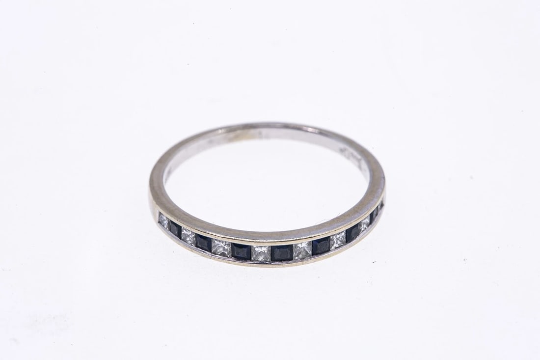 SHANE CO 3MM DIAMOND & SAPPHIRE HALF ETERNITY BAND RING: Shane Co 3mm Diamond & Sapphire Half Eternity Band Ring Brand: Shane Co Type: Ring Material: 14K 585 White Gold Main Stone/Creation Natural Color: Main Stone Color Blue Size: 7 US 