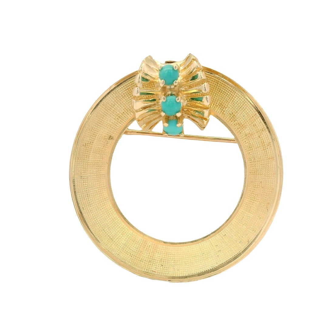VINTAGE 14KT YELLOW GOLD CIRCLE WREATH PIN BROOCH: Vintage 14kt Yellow Gold Circle Wreath Pin Brooch Brand: Unbranded Type: Brooch Material: 14k Yellow Gold Main Stone/Creation Turquoise Color: Yellow Size: Length - 1.2" Width - 32mm Accessories: