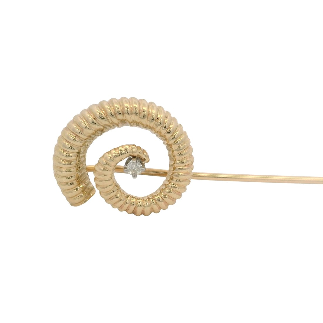 VINTAGE MID-CENTURY 14KT GOLD SPIRAL DIAMOND BROOCH PIN: Vintage Mid-Century 14kt Gold Spiral Diamond Brooch Pin Brand: Peter Lindeman Type: Brooch Material: 14k Yellow Gold Main Stone/Creation Natural Color: Yellow Size: Length - 2.8" Width - 15mm Acc