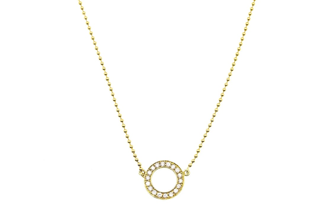 DIAMOND HALO PENDANT 18K 750 YELLOW GOLD BEADED NECKLACE: Diamond Halo Pendant 18K 750 Yellow Gold Beaded Necklace Brand: Unbranded Type: Necklace Material: 18K Yellow Gold Main Stone/Creation Natural Color: Main Stone Color White Size: Length - 15.5" A