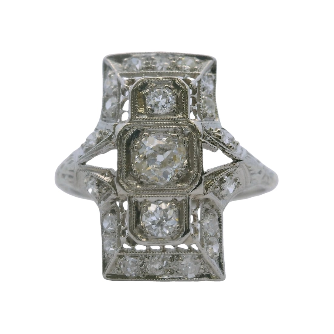 ANTIQUE PLATINUM DIAMOND FILIGREE DINNER RING: Antique Platinum Diamond Filigree Dinner Ring Brand: Unbranded Type: Ring Material: 900 Platinum Main Stone/Creation Natural Color: Platinum Size: 8 US Accessories: None Accessories Notice