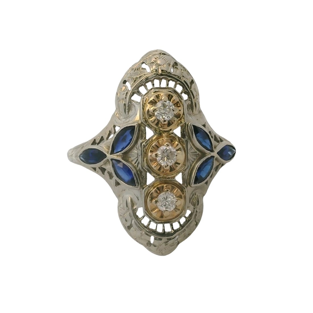 VINTAGE ART DECO REVIVAL DIAMOND LAB SAPPHIRE DINNER RING: Vintage Art Deco Revival Diamond Lab Sapphire Dinner Ring Brand: Unbranded Type: Ring Material: 18k White Gold Main Stone/Creation Natural Color: White Size: 6.75 US Accessories: None Acce