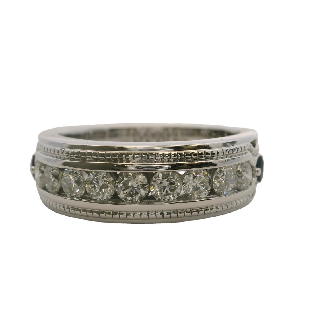 VERA WANG LOVE COLLECTION MEN'S CHANNEL DIAMOND SAPPHIRE WIDE BAND RING: Vera Wang Love Collection Men's Channel Diamond Sapphire Wide Band Ring Brand: Vera Wang Love Type: Ring Material: 14k White Gold Main Stone/Creation Natural Color: White Size: 10 US Accessories: