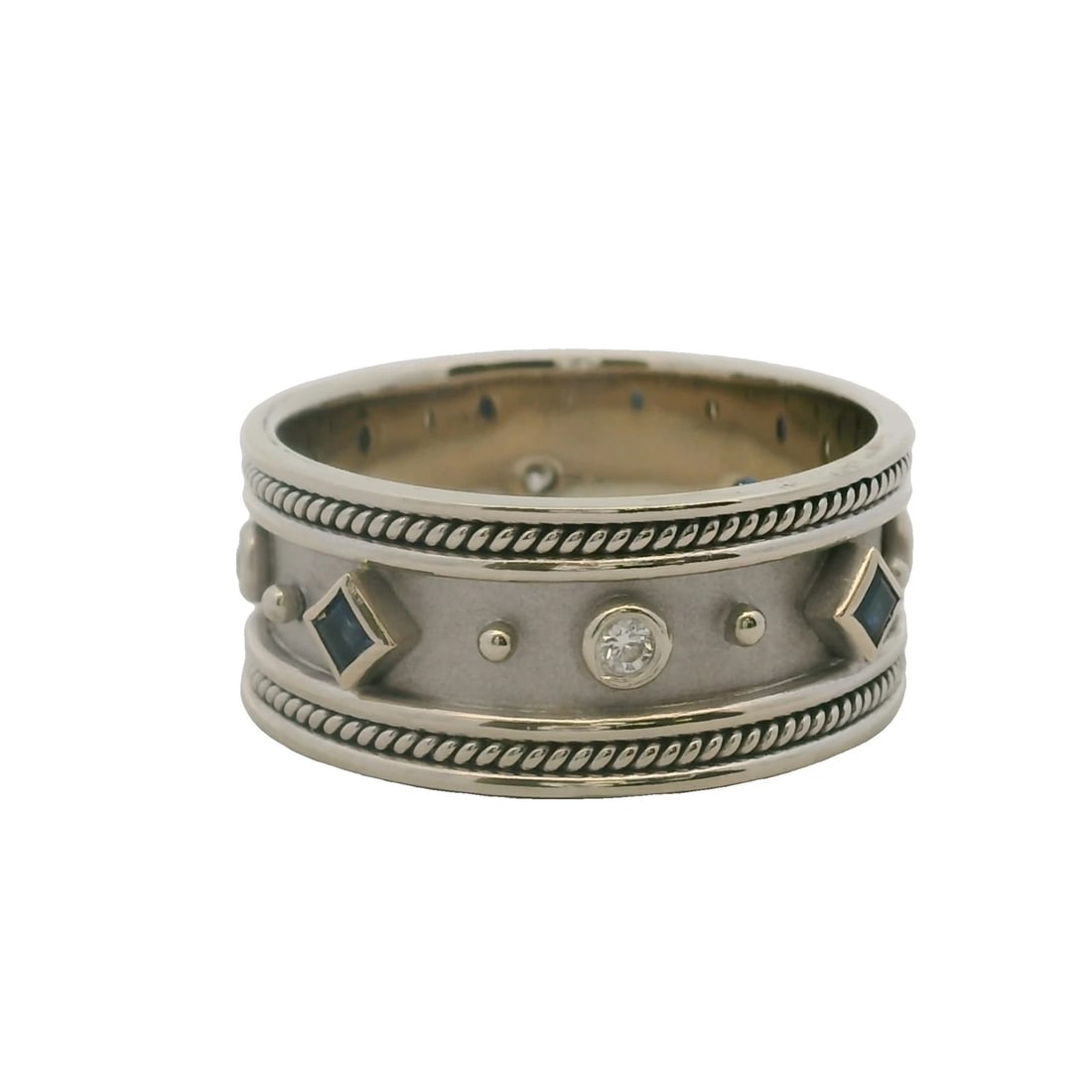 DIAMOND SAPPHIRE WIDE ROPE DETAIL SOLID BAND RING (1 of 6)