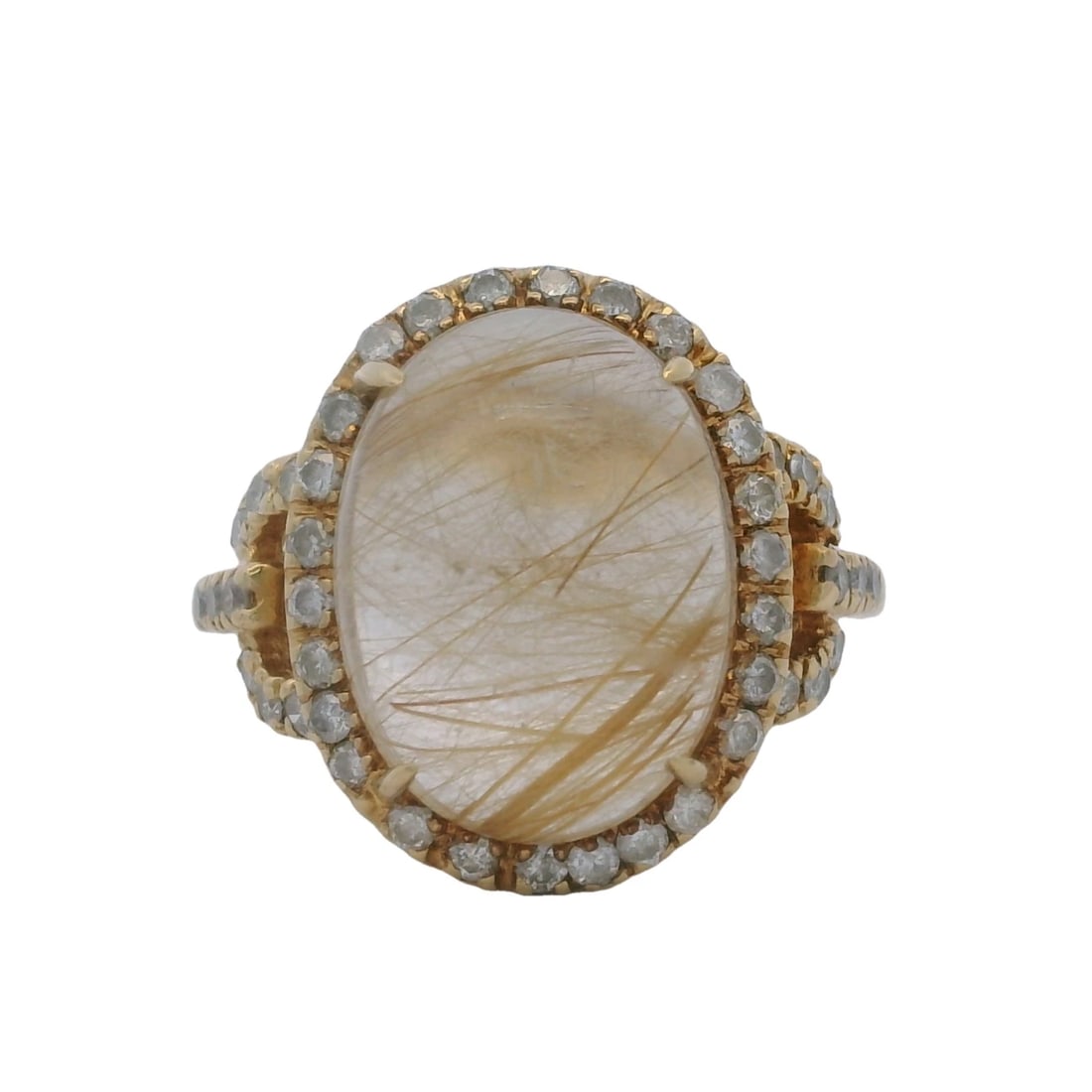 YELLOW GOLD QUARTZ AND DIAMOND HALO STATEMENT RING: Yellow Gold Quartz and Diamond Halo Statement Ring Brand: Unbranded Type: Ring Material: 14k Yellow Gold Main Stone/Creation Natural Color: Yellow Size: 7 US Accessories: None Accessories