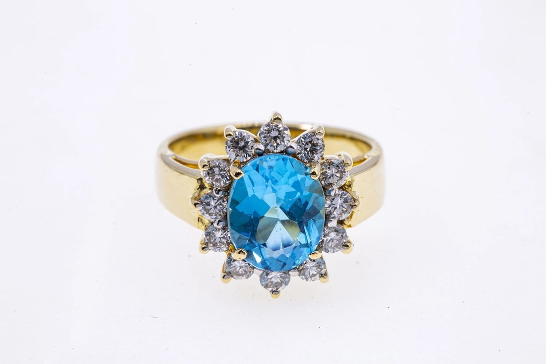 BLUE TOPAZ DIAMOND HALO CLUSTER 18K YELLOW GOLD RING (1 of 5)