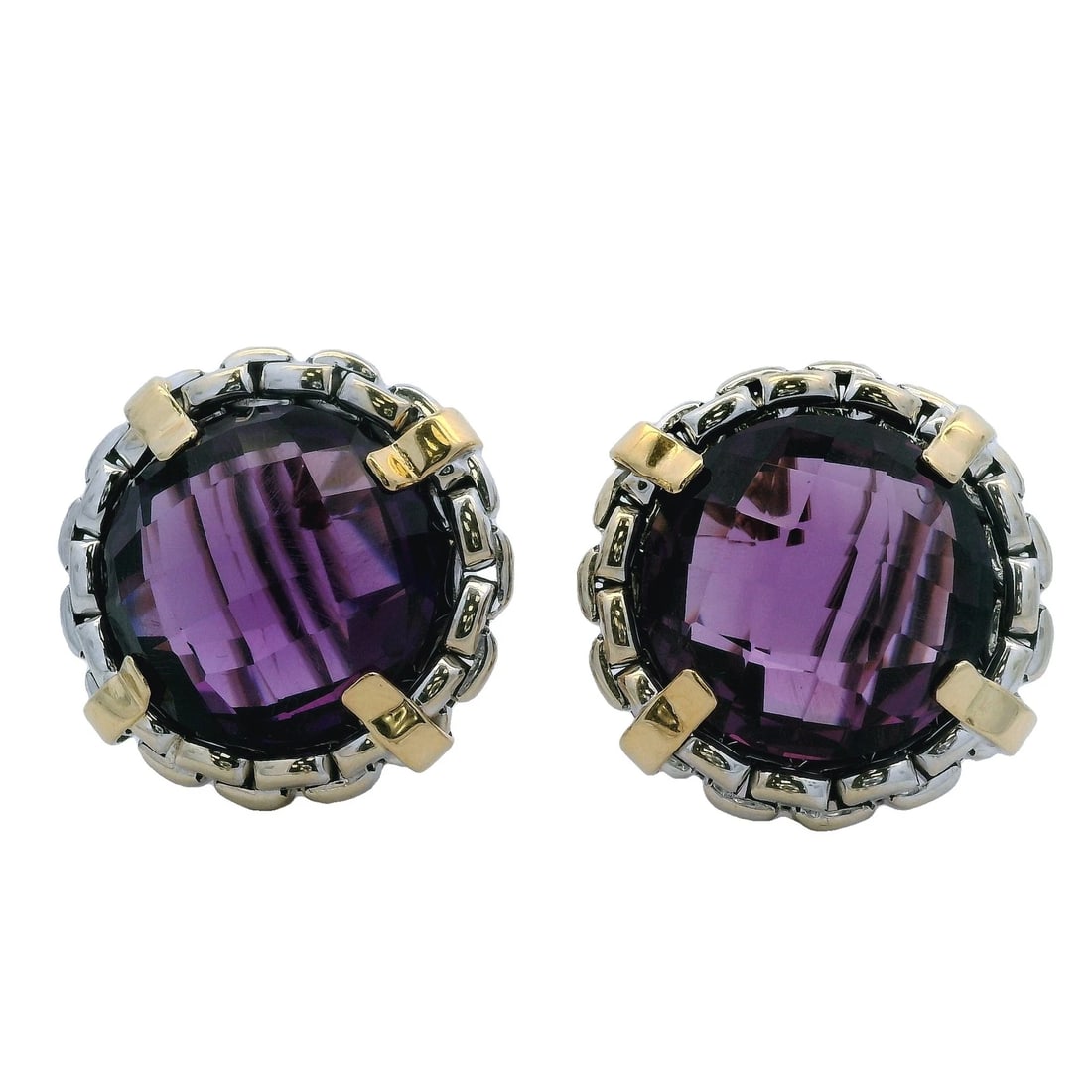 ITALIAN14KT YELLOW WHITE GOLD CHAIN PATTERN LARGE AMETHYST EARRINGS: Italian14kt Yellow White Gold Chain Pattern Large Amethyst Earrings Brand: Unbranded Type: Earrings Material: 14k Multi-Tone Gold Main Stone/Creation Amethyst Color: Multi-Tone Size: Length x Widt