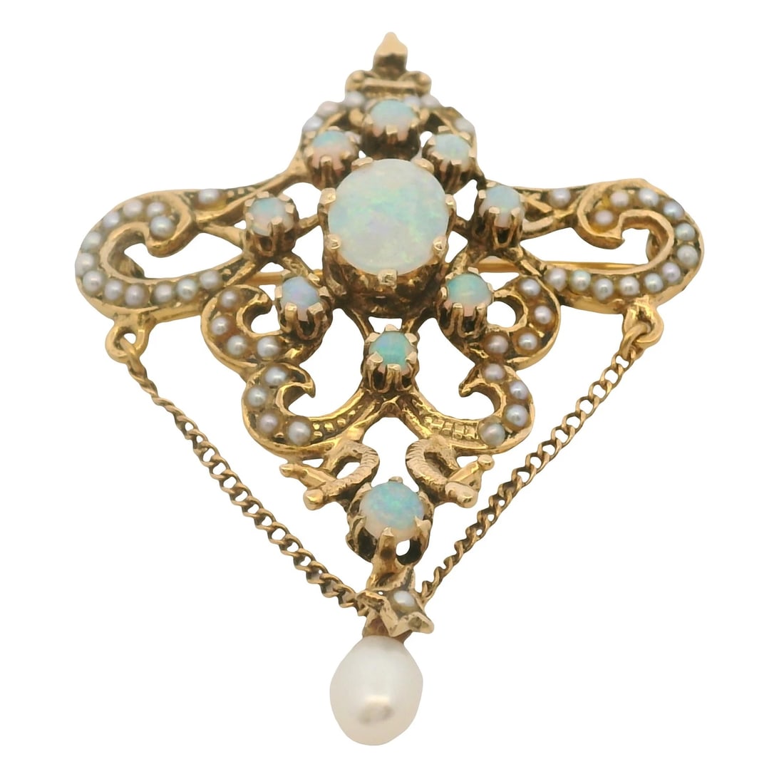VINTAGE OPAL AND PEARL DROP/DANGLE PENDANT/BROOCH: Vintage Opal And Pearl Drop/Dangle Pendant/Brooch Brand: Unbranded Type: Brooch Material: 14k Yellow Gold, Color: Yellow Size: Length - 1.5" Width - 50.6mm Accessories: None Accessories No