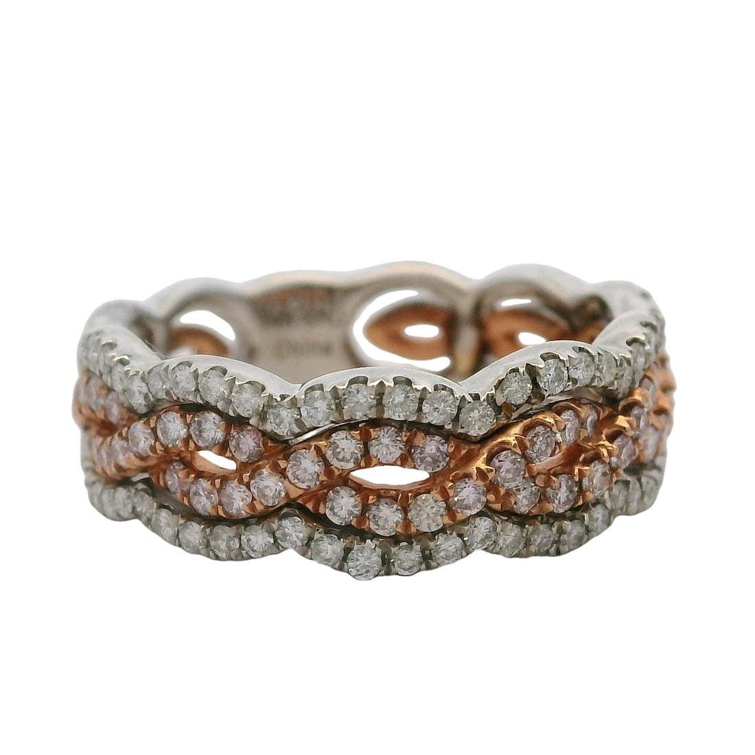 SOLID DIAMOND PAVE TWIST STACKABLE BAND: Solid Diamond Pave Twist Stackable Band Brand: SNJ Type: Ring Material: 14k Multi-Tone Gold Main Stone/Creation Natural Color: Multi - Tone Size: 6 US Accessories: None Accessories Notice: