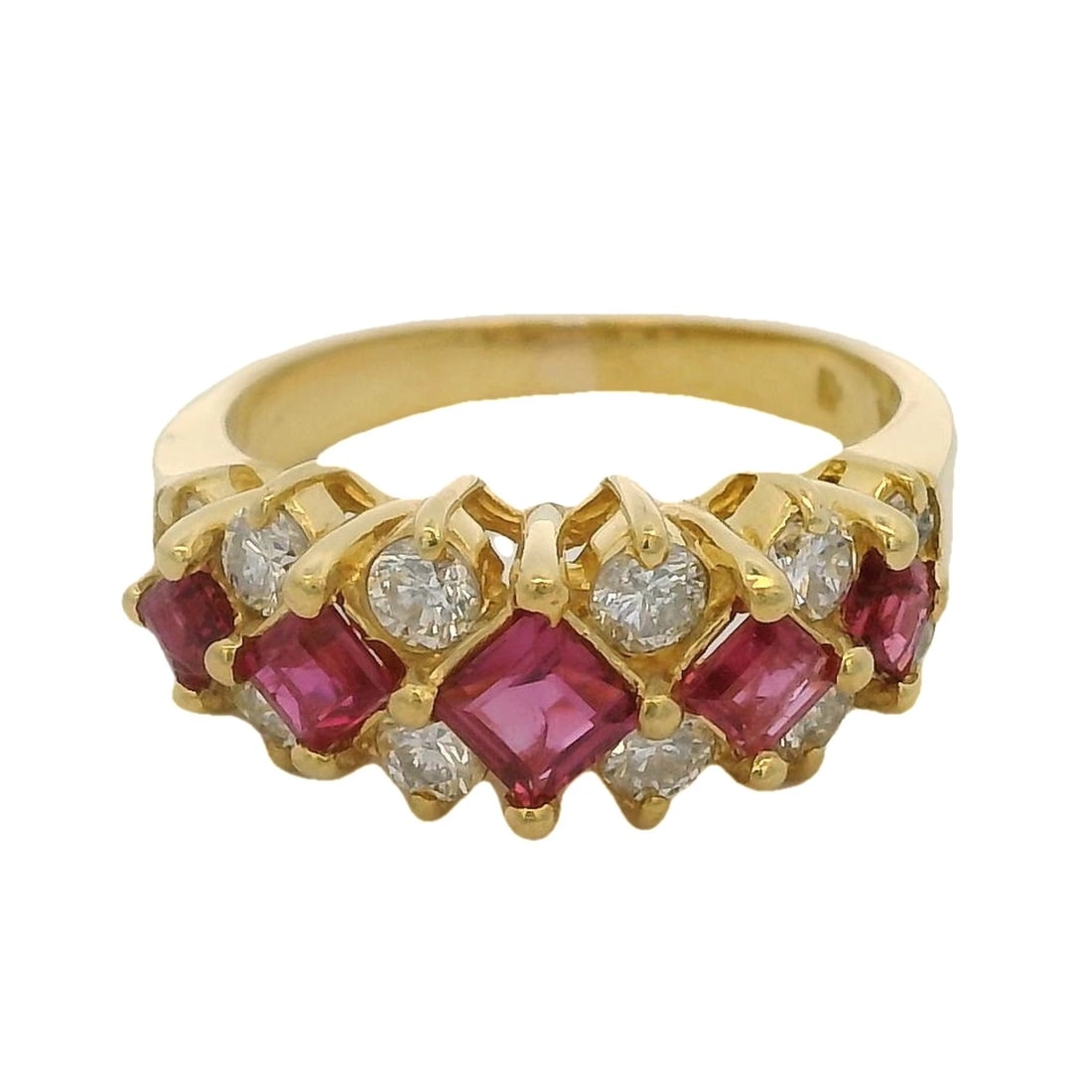 RUBY & DIAMOND HALF-ETERNITY CLUSTER RING: Ruby & Diamond Half-Eternity Cluster Ring Brand: Unbranded Type: Ring Material: 14k Yellow Gold Main Stone/Creation Ruby Color: Yellow Size: 4.75 US Accessories: None Accessories Notice: W