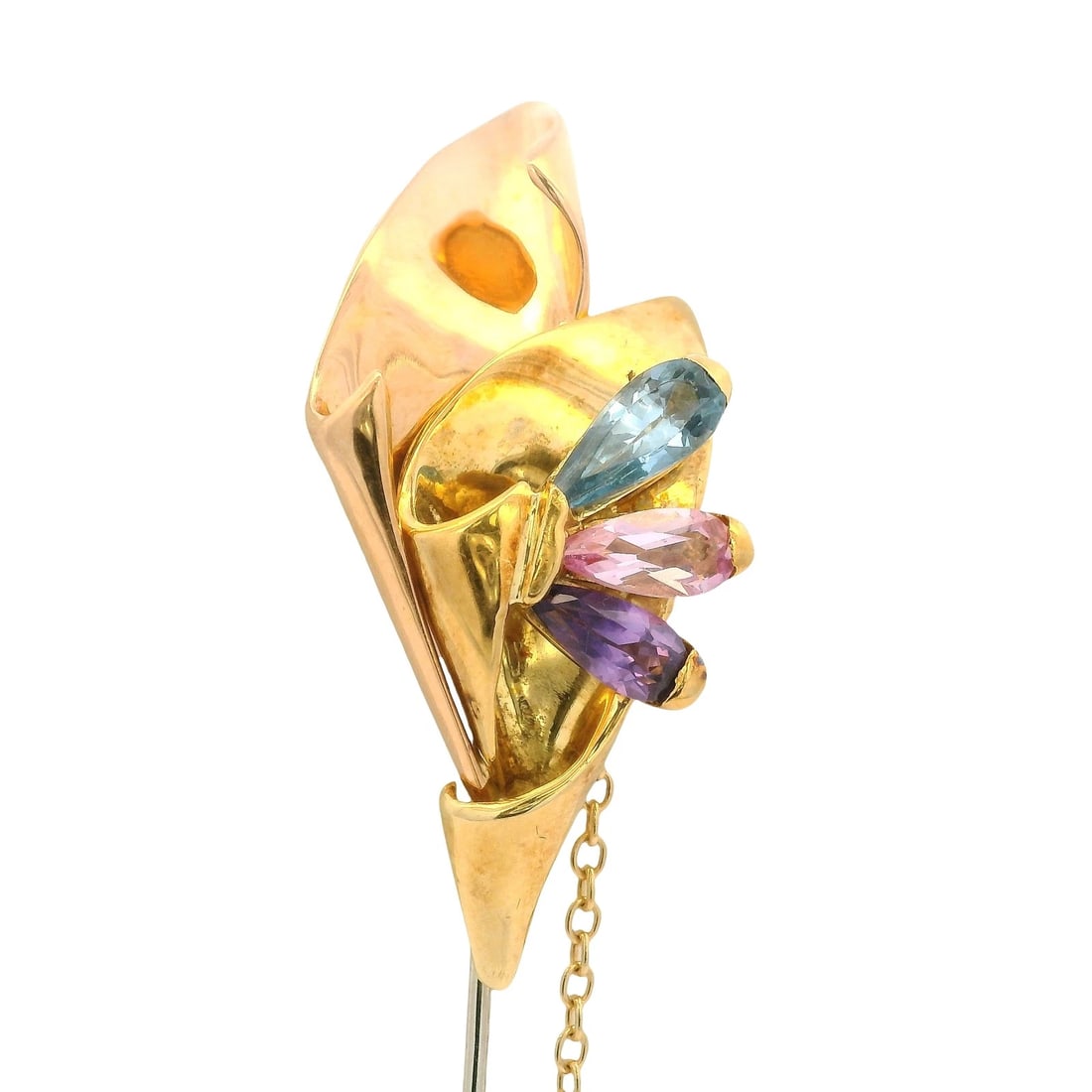 VINTAGE ITALIAN 18KT ROSE YELLOW GOLD STICK PIN AMETHYST: Vintage Italian 18kt Rose Yellow Gold Stick Pin Amethyst Brand: Unbranded Type: Brooch Material: 18k Multi-Tone Gold Main Stone/Creation Topaz Color: Multi - Tone Size: Length - 3.4" Width -