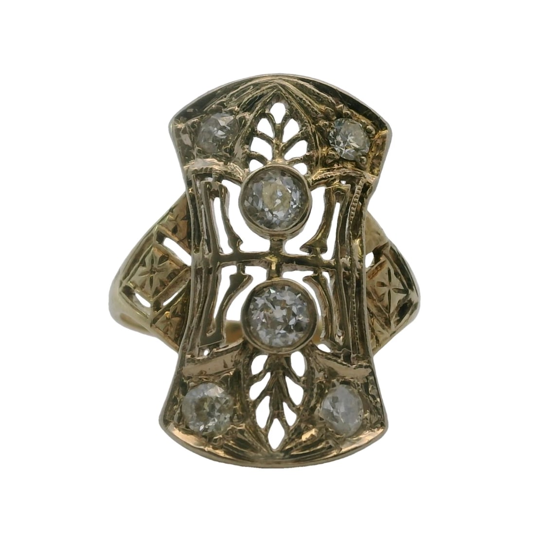 ANTIQUE EARLY ART DECO FILIGREE EURO DIAMOND COCKTAIL RING: Antique Early Art Deco Filigree Euro Diamond Cocktail Ring Brand: Unbranded Type: Ring Material: 14k Yellow Gold Main Stone/Creation Natural Color: Yellow Size: 5.5 US Accessories: None Ac