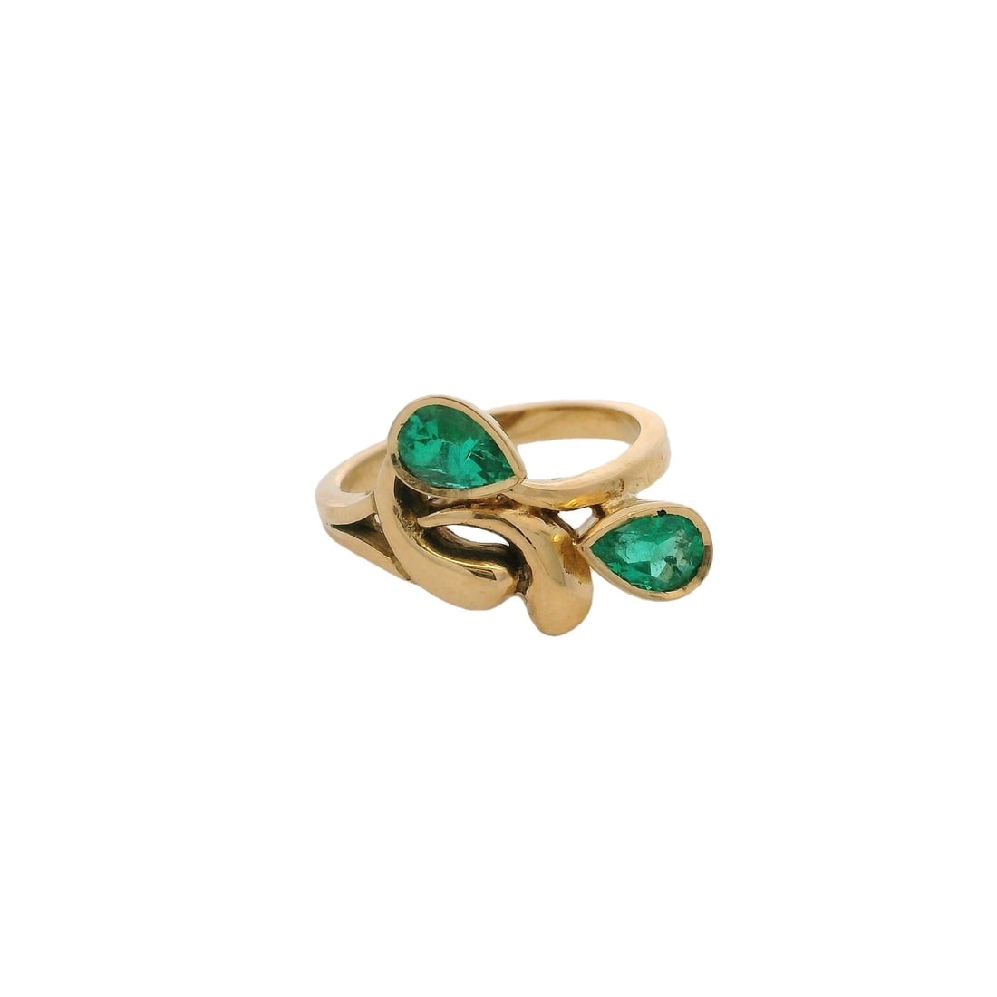 PEAR CUT EMERALDS MODERNIST COCKTAIL BYPASS RING: Pear Cut Emeralds Modernist Cocktail Bypass Ring Brand: Unbranded Type: Ring Material: 14k Yellow Gold Main Stone/Creation Natural Color: Yellow Size: 6.5 US Accessories: None Accessories