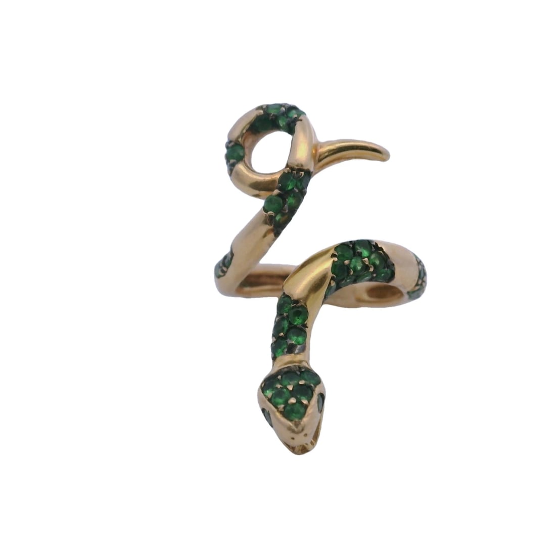 VIVID GREEN TSAVORITE WINDING FANGED SNAKE RING: Vivid Green Tsavorite Winding Fanged Snake Ring Brand: Unbranded Type: Ring Material: 14k Yellow Gold Main Stone/Creation Natural Color: Yellow Size: 5 US Accessories: None Accessories Not