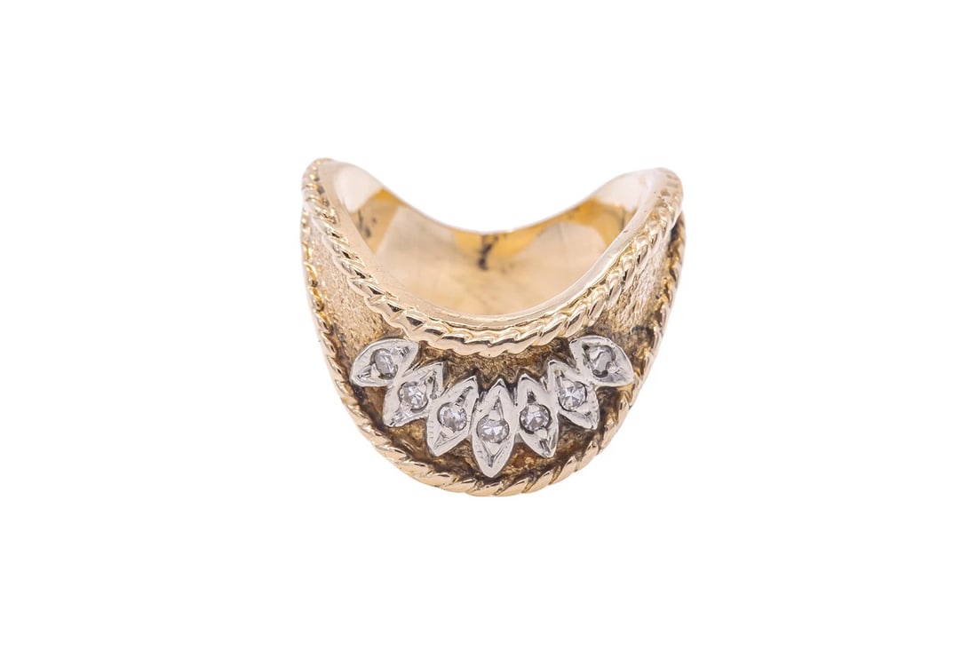 VINTAGE MID-CENTURY WAVE DIAMOND CROWN RING: Vintage Mid-Century Wave Diamond Crown Ring Brand: Unbranded Type: Ring Material: 14k Yellow Gold Main Stone/Creation Natural Color: Yellow Size: 6 US Accessories: None Accessories Notice: