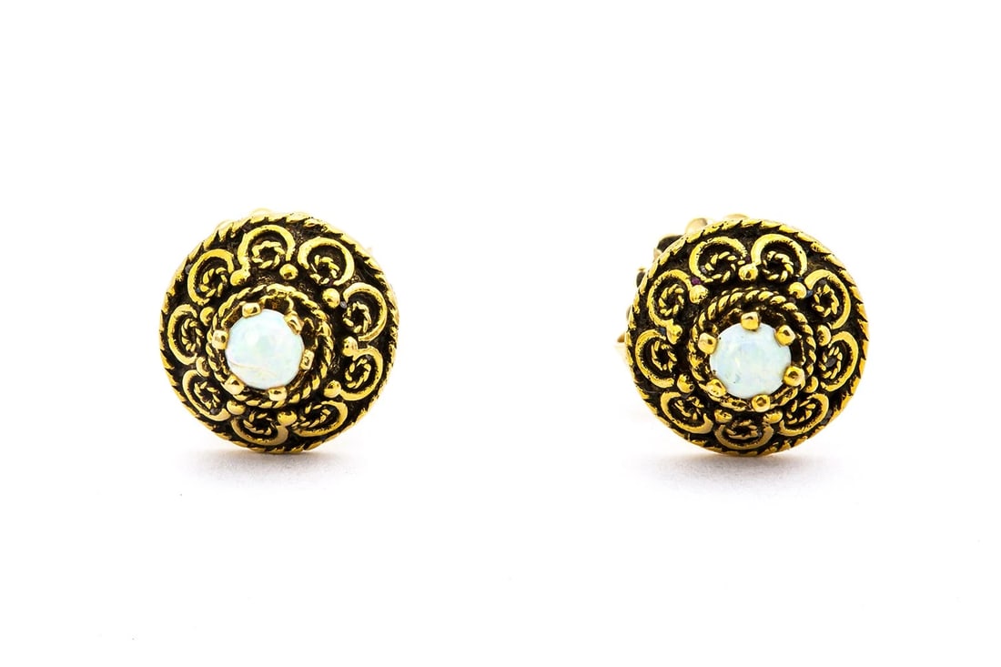 VINTAGE OPAL STUD SCROLL MOTIF 14K YELLOW GOLD EARRINGS (1 of 3)