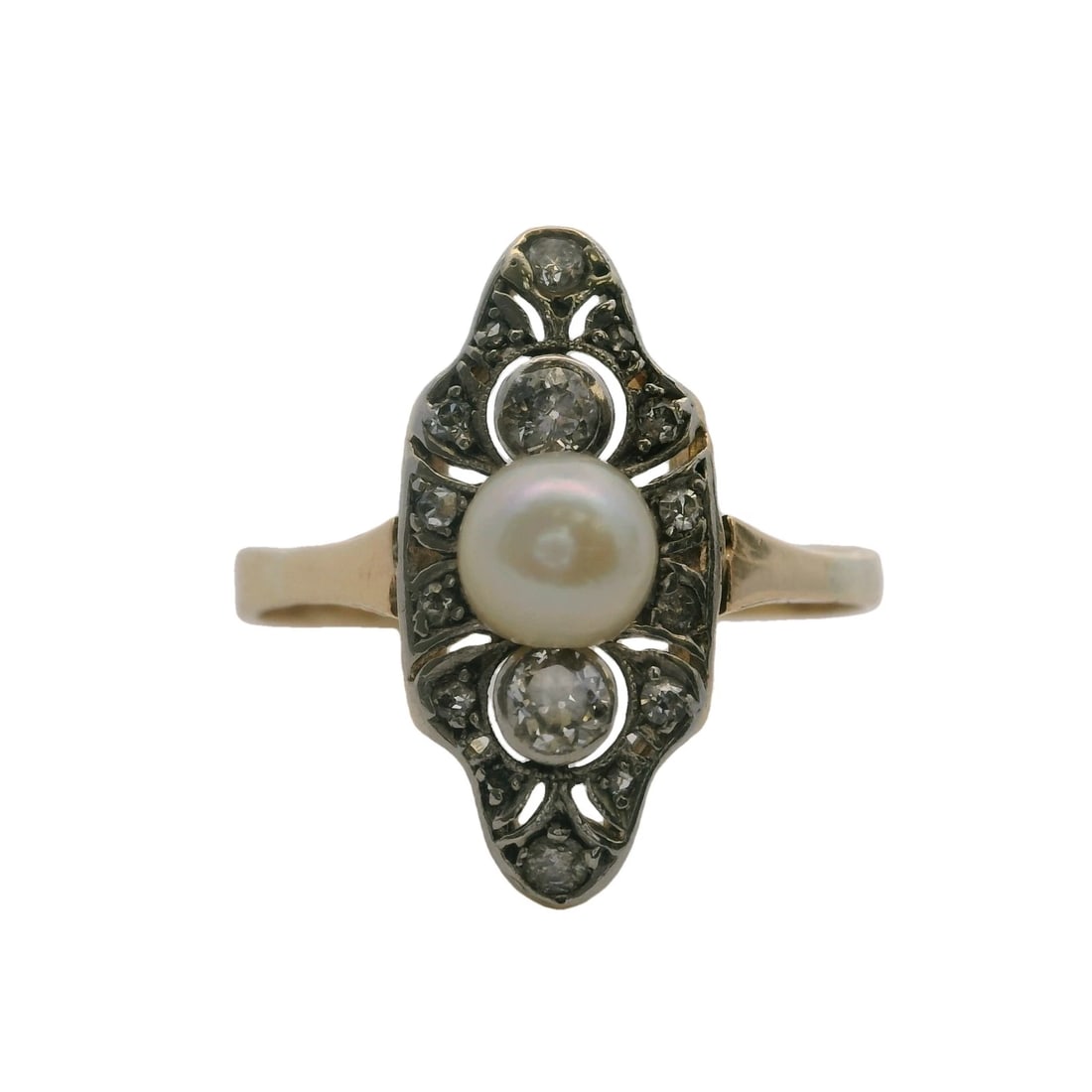 ANTIQUE EDWARDIAN OLD MINE DIAMOND, PEARL DINNER RING: Antique Edwardian Old Mine Diamond, Pearl Dinner Ring Brand: Unbranded Type: Ring Material: 10k Multi-Tone Gold Main Stone/Creation Natural Color: Multi - Tone Size: 9 US Accessories: None
