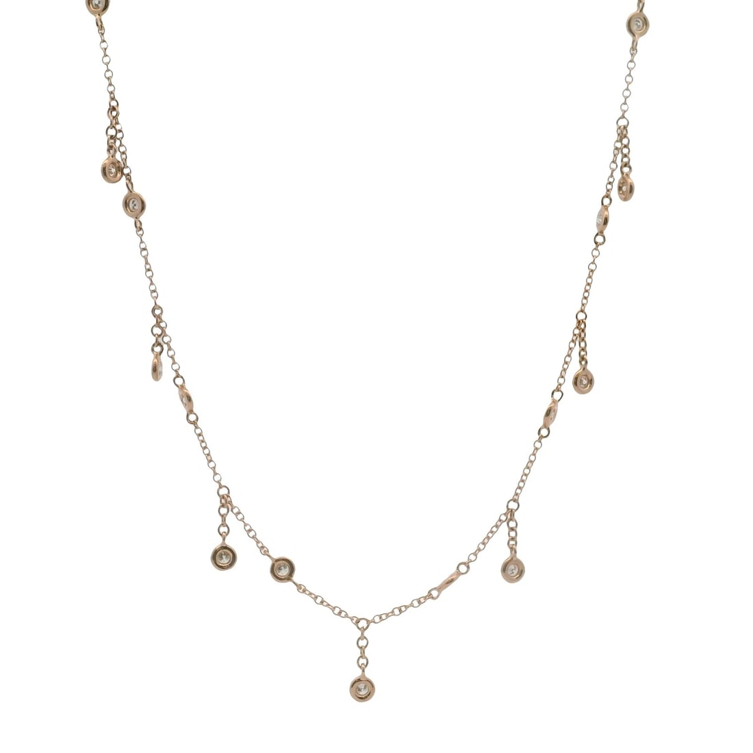 SOLID 14KT ROSE GOLD DIAMOND NECKLACE: Solid 14kt Rose Gold Diamond Necklace Brand: Unbranded Type: Necklace Material: 14k Rose Gold Main Stone/Creation Natural Color: Rose Size: Length of Chain - 16" Width of Chain - 0.6mm Accessorie