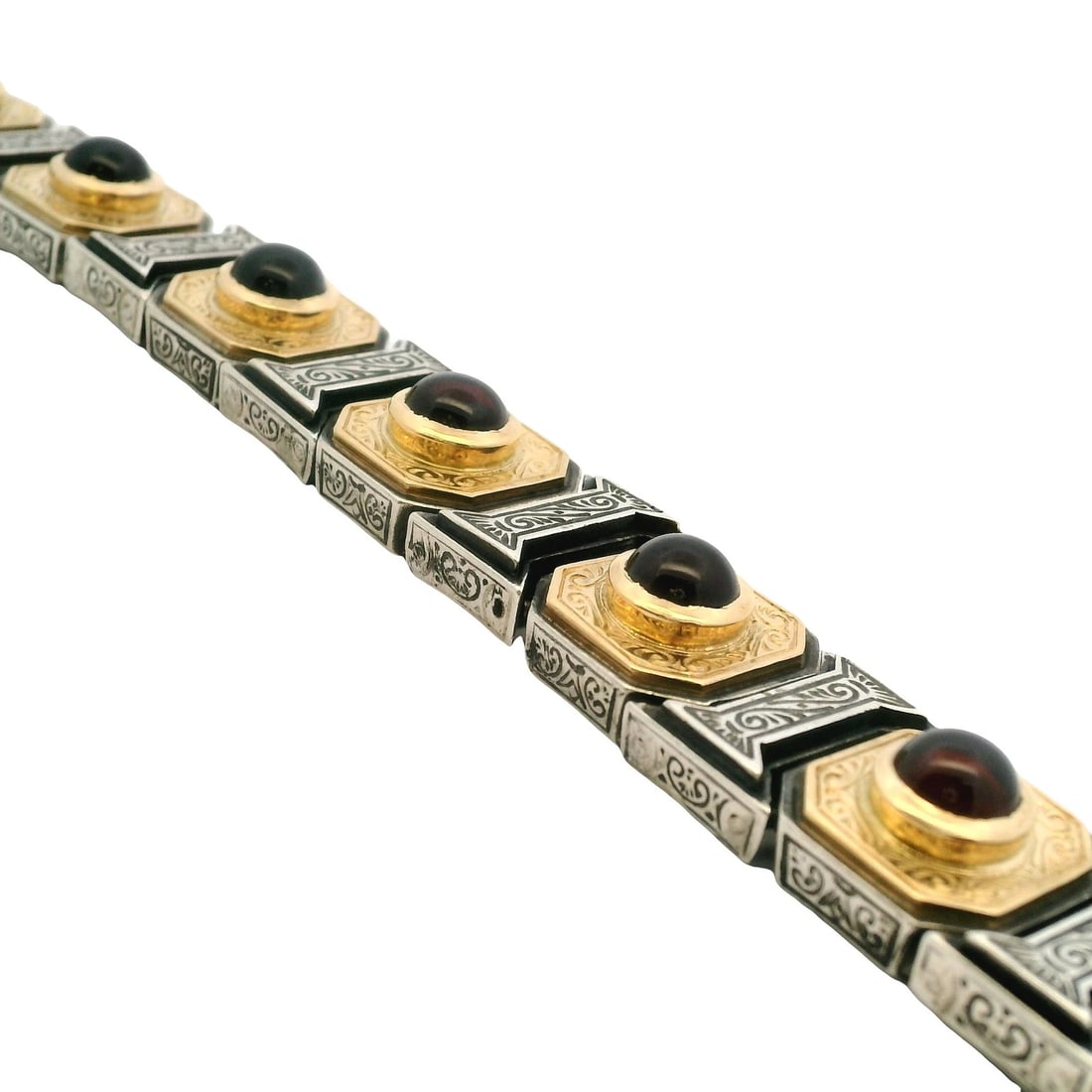 KONSTANTINO 925 STERLING SILVER/18KT YELLOW GOLD BRACELET: Konstantino 925 Sterling Silver/18kt Yellow Gold Bracelet Brand: Konstantino Jewelry Type: Bracelet Material: 925 Sterling Silver Main Stone/Creation Almandine Garnet Color: Silver Size: Length -