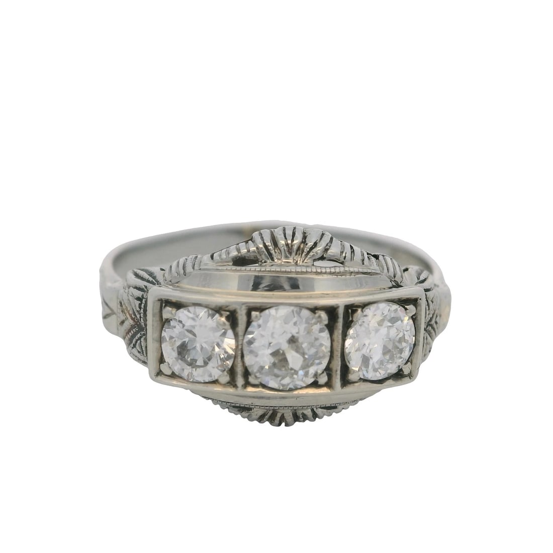 ANTIQUE 3-STONE OLD EURO DIAMOND RING: Antique 3-Stone Old Euro Diamond Ring Brand: Unbranded Type: Ring Material: 18k White Gold Main Stone/Creation Natural Color: White Size: 6 US Accessories: None Accessories Notice: When pu