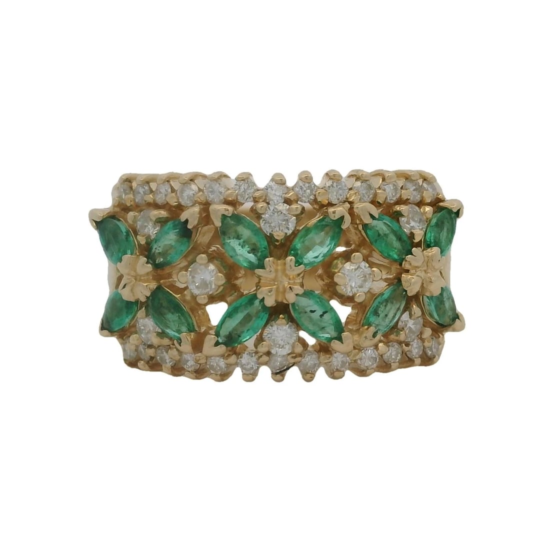 EMERALD DIAMOND FLORAL MOTIF CLUSTER COCKTAIL BAND RING: Emerald Diamond Floral Motif Cluster Cocktail Band Ring Brand: Unbranded Type: Ring Material: 14k Yellow Gold Main Stone/Creation Natural Color: Yellow Size: 7 US Accessories: None