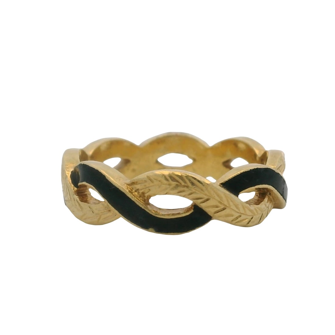 YELLOW GOLD BLACK ENAMEL WOVEN TWISTED WHEAT PATTERN BAND RING: Yellow Gold Black Enamel Woven Twisted Wheat Pattern Band Ring Brand: Unbranded Type: Ring Material: 18k Yellow Gold, Color: Yellow Size: 6.75 US Accessories: None Accessories Notice: When