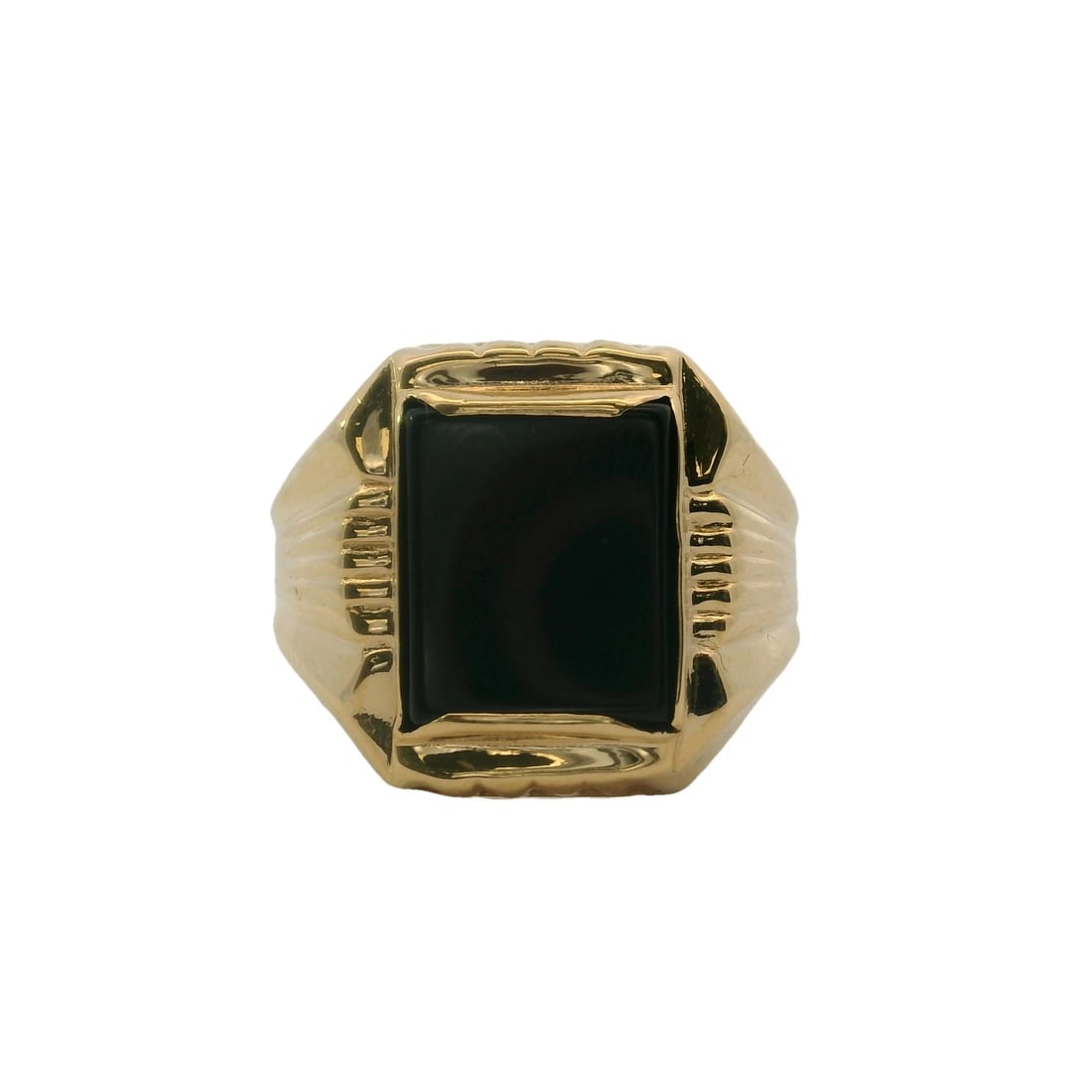GOBBATO JEWELRY 18KT YELLOW GOLD ONYX FLAT-TOP SIGNET RING: Gobbato Jewelry 18kt Yellow Gold Onyx Flat-Top Signet Ring Brand: Gobbato Type: Ring Material: 18k Yellow Gold Main Stone/Creation Onyx Color: Yellow Size: 9.5 US Accessories: None