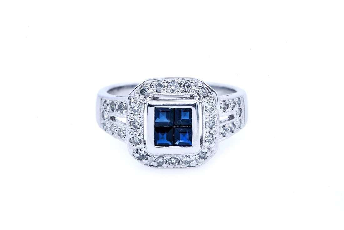 SETRA NATURAL SAPPHIRE & DIAMOND HALO RING: Setra Natural Sapphire & Diamond Halo Ring Brand: Setra Type: Ring Material: 14K White Gold Main Stone/Creation Sapphire Color: Main Stone Color Blue Size: 6.5 US Accessories: None