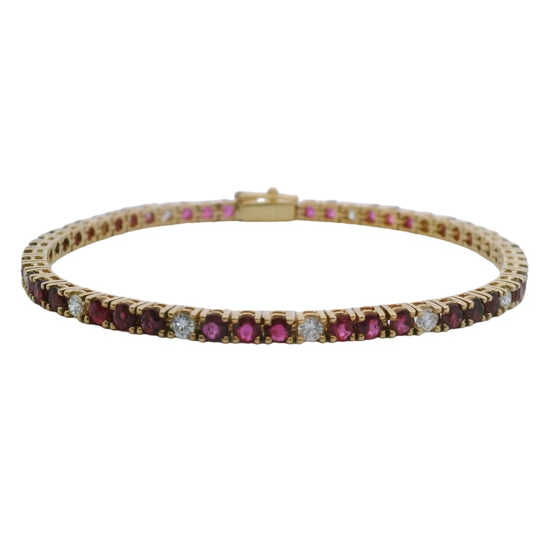 VINTAGE SOLID 14KT YELLOW GOLD RUBY AND DIAMOND BRACELET: Vintage Solid 14kt Yellow Gold Ruby and Diamond Bracelet Brand: Unbranded Type: Bracelet Material: 14k Yellow Gold Main Stone/Creation Ruby Color: Yellow Size: Length - 7" Width - 2.75mm Accessor
