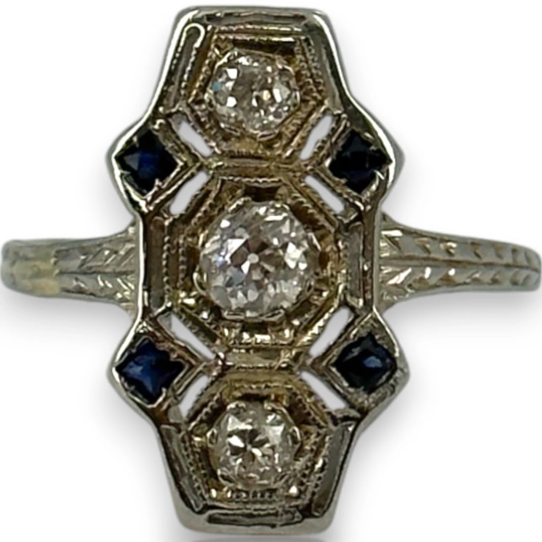 ANTIQUE OLD DIAMOND LAB SAPPHIRE DINNER RING: Antique Old Diamond Lab Sapphire Dinner Ring Brand: Unbranded Type: Ring Material: 18k White Gold Main Stone/Creation Natural Color: White Size: 6.5 US Accessories: None Accessories Notice